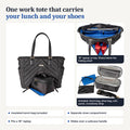 What fits in the Madison Puffer work tote: insulated lunch bag, separate shoe compartment, 16 inch laptop, slides over a suitcase handle